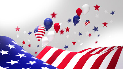 Fototapeta premium 4th of July USA Independence Day Celebration with Realistic Gold Star and USA Flag and Festive Colored Confetti Border.,3d rendering