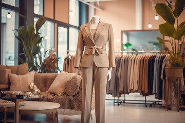 Obraz na płótnie Canvas Woman`s office suit in the clothing store. Super photo realistic background. Generative ai illustration.