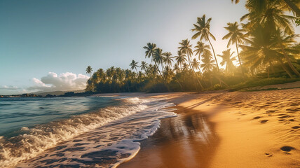 A beautiful beach with palm trees in morning with peace and calm sea wave, Generative AI