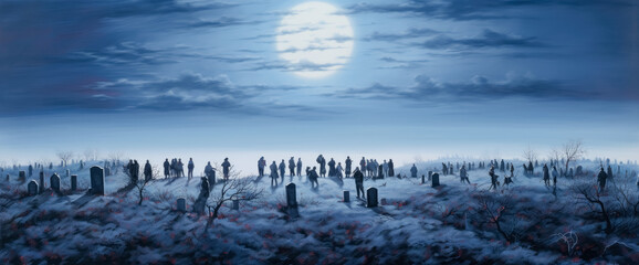 Halloween cemetery background and full moon, crowd scenes, ethereal cloudscapes, war photography, dark gray and sky-blue. creepy cemetery background wallpapers, in the style of dreamlike illustration.