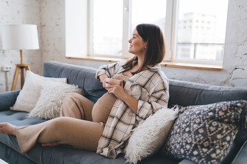 Young pregnant woman expecting baby resting on sofa