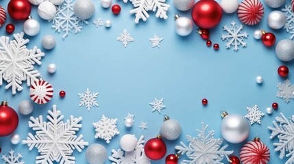 Merry Christmas and Happy Holidays greeting card, frame, banner. New Year. Winter xmas holiday theme. Flat lay, Bright color  Generative AI