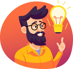 Man think idea with light bulb, flat style illustration.