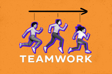 3d retro artwork template collage of purposeful workers running achieving success together isolated orange color background