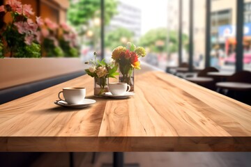 empty wooden table, blur mall restaurant background interior backdrop, ideal for product display