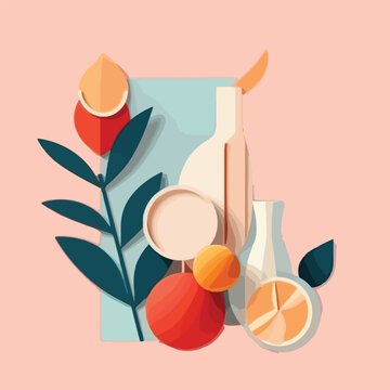 Abstract still life in pastel colors poster. Collection of contemporary art. Abstract paper cut elements, fruits for social media, postcards, print. Hand drawn peach