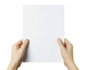 Hands holding a sheet of white A4 paper, cut out
