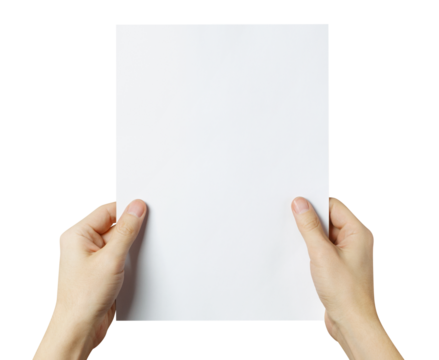 Hands holding a sheet of white A4 paper, cut out