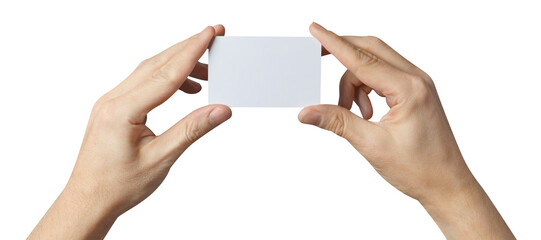 Male hands holding a blank card or a ticket/flyer, cut out