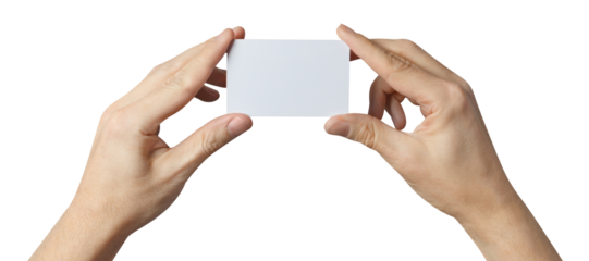 Male hands holding a blank card or a ticket/flyer, cut out