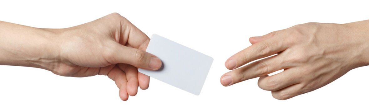 Hands sharing a blank card or a ticket/flyer, cut out