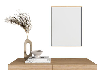 Empty frame mockup with dried flower on sideboard on white background