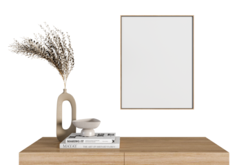 Empty frame mockup with dried flower on sideboard on white background
