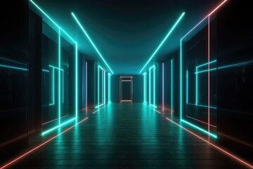 sci-fi Futuristic Neon Hallways with Glowing Artifact