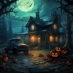 Fototapeta na wymiar Glowing pumpkins ?n the backdrop of a spooky forest with a house and car.Cemetery.Halloween party with pumpkins. Halloween night in fantasy style.Generative AI
