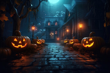 Glowing pumpkins against the backdrop of a spooky forest with a house .Cemetery.Halloween party with pumpkins. Halloween night in fantasy style.Generative AI
