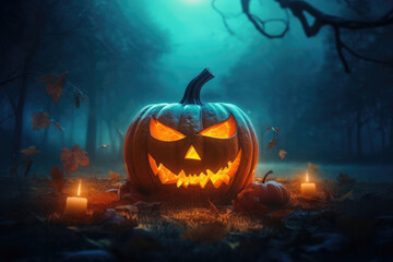 Creepy, scary halloween forest at night with black trees and Jack O' Lanterns in the form of a pumpkin with glowing eyes and a scary smile.Halloween Background, wallpaper.Generative AI