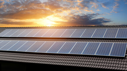 Solar power panels on the roof for green energy. Solar panels on factory roof photovoltaic solar panels absorb sunlight.