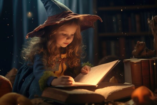 A child in a witch costume opening a magic book. Generative AI