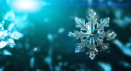 macro photo of big snowflake on dark christmas Background
