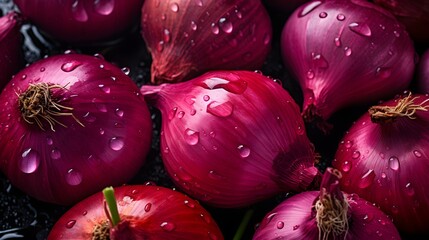Overhead Shot of red Onions with visible Water Drops. Close up.
