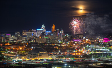 Cincinnati downtown night skyline with fireworks