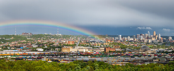 Cincinnati downtown wide panoramic skyline with rainbow after rain