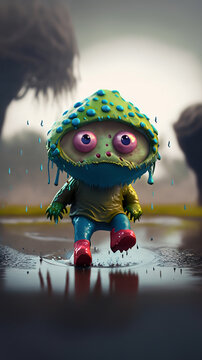 A fantasy 3d cute little monster jumping in a puddle on a wet, rainy day