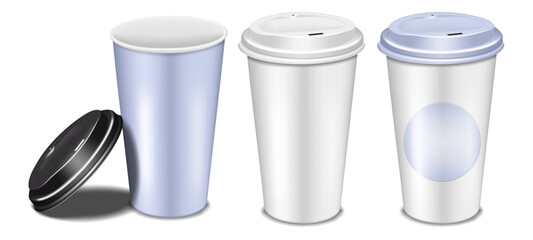 Disposable blank paper takeaway coffee cup with plastic lid and round label sticker on white background realistic mock-up. Color mockup set. Easy editable vector illustration