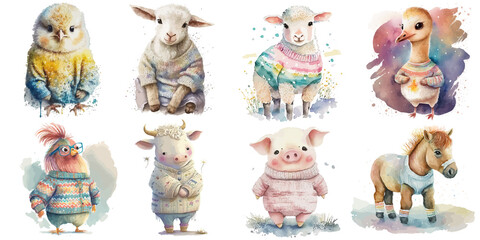 Safari Animal set horse, goose,. pig, goat, rooster, chicken and sheep, cow in watercolor style. Isolated vector illustration