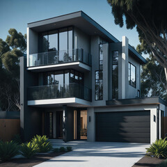 Fototapeta premium Stylish Modern Australian Concrete House, Futuristic look, Large Glass Windows, Alley, Green Yard, Generative AI
