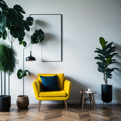 Stylish Living Room Interior, Clean and Bright Colors, Cozy Armchair,  Green Plant and Decoration, Soft sunlight, Generative AI