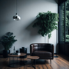 Stylish Living Room Interior, Clean and Bright Colors, Cozy Armchair,  Green Plant and Decoration, Soft sunlight, Generative AI