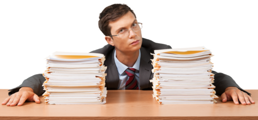 Portrait of a Serious Employee Behind a Stack of Folders