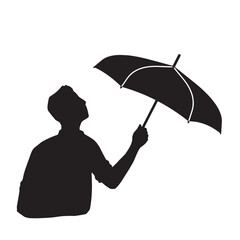 傘を傾けて空を見上げる男性のシルエットイラスト