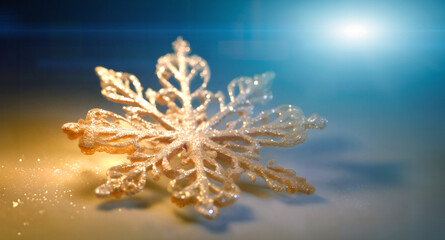 Fototapeta na wymiar macro photo of big snowflake on christmas Background