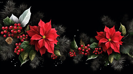 Fir tree twigs and poinsettia flowers edges on simple background with copy space. Generative ai