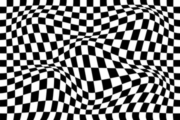 Abstract black and white background, distorted checkered pattern, illusion background.