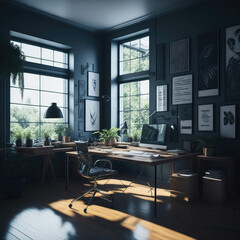 Artistical Workspace, Office Building Interior, Dark Colors, Large Windows, Working On Progect, Deck with Decoration and Green Plants, Generative Ai