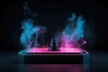 Futuristic Neon Platform with Mysterious Smoke generative AI