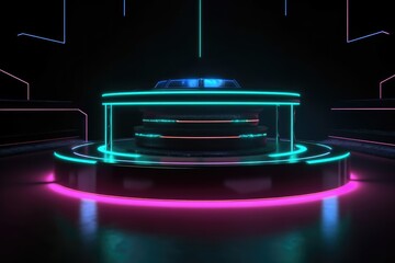 Futuristic Neon Platform with Mysterious Smoke generative AI