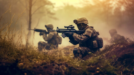 Generative AI a soldier firing his gun against a forest background