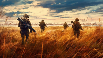 Generative AI soldiers walking through a field of wheat towards a city