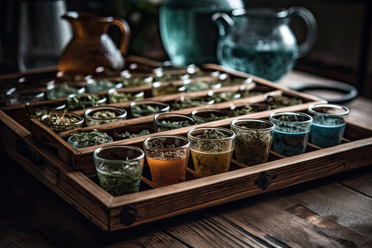 Generative AI abstract illustration of tasty aromatic herbal teas and spiced beverages in glasses near condiments in small bowls on wooden tray