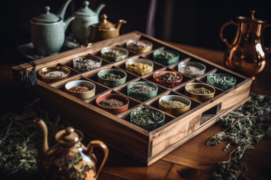 Generative AI illustration of tasty aromatic dried herbs and spices for tea in cups near teapots and herbal sprigs with leaves on wooden tray