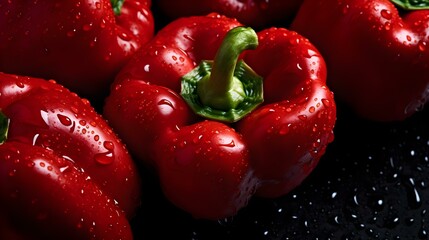 Overhead Shot of red Peppers with visible Water Drops. Close up.
