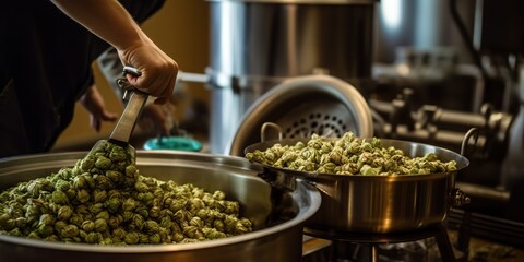 A person carefully measuring out hops into a large kettle, with various homebrewing equipment around them , concept of Precision measurement techniques, created with Generative AI technology