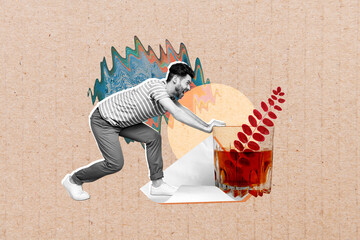 Collage picture of mini black white colors guy arm push huge whiskey glass isolated on paper carton...