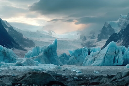 Generative AI illustration of majestic frozen glacier with blue icy rocks in valley under gloomy sky