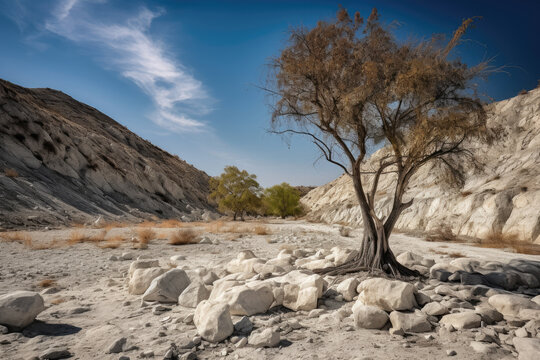 Generative AI illustration of a dry tree growing on a sandy surface with rocks between mountains under a blue sky on a sunny day